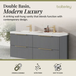 Balterley Fluted Front Wall Hung 4-Drawer Bathroom Vanity Unit With Double Basin, 1200mm, Satin Grey, Brushed Brass Handles - thumbnail 2