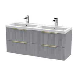 Balterley Fluted Front Wall Hung 4-Drawer Bathroom Vanity Unit With Double Basin, 1200mm, Satin Grey, Brushed Brass Handles - thumbnail 1