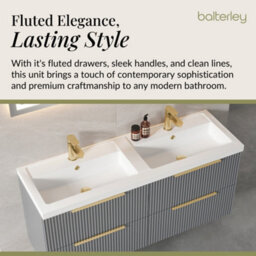 Balterley Fluted Front Wall Hung 4-Drawer Bathroom Vanity Unit With Double Basin, 1200mm, Satin Grey, Brushed Brass Handles - thumbnail 4
