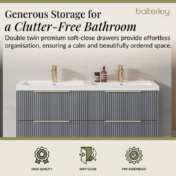 Balterley Fluted Front Wall Hung 4-Drawer Bathroom Vanity Unit With Double Basin, 1200mm, Satin Grey, Brushed Brass Handles - thumbnail 3
