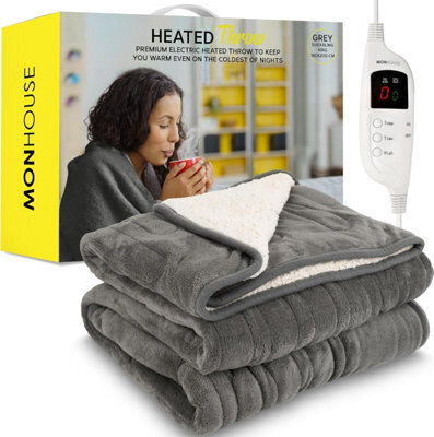 Monhouse Heated Throw - Electric Blanket - Digital Controller - 9Hr Timer, 9 Heat Settings - King 180X200Cm - Grey Shearling - image 1