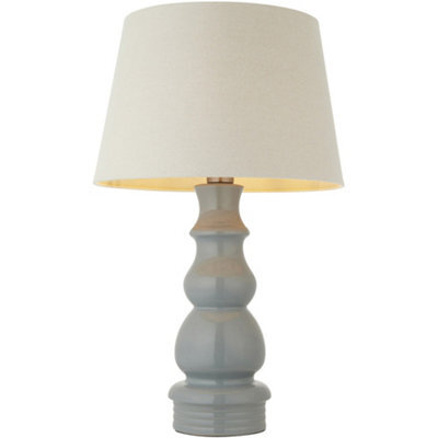 Loops Blue Grey Glaze & Satin Nickel Plate Table Lamp - Ivory Linen Fabric - 660mm Tall Light - image 1
