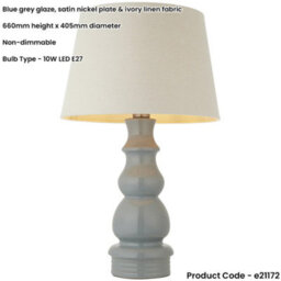 Loops Blue Grey Glaze & Satin Nickel Plate Table Lamp - Ivory Linen Fabric - 660mm Tall Light - thumbnail 2