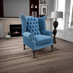 Chesterfield High Back Wing Chair Amalfi Cadet Blue Velvet In Queen Anne Style - thumbnail 2