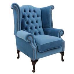 Chesterfield High Back Wing Chair Amalfi Cadet Blue Velvet In Queen Anne Style - thumbnail 1