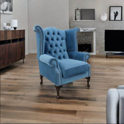 Chesterfield High Back Wing Chair Amalfi Cadet Blue Velvet In Queen Anne Style - thumbnail 3
