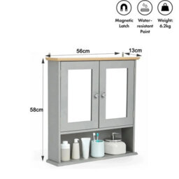 Taylor & Brown Double Mirror Bathroom Cabinet With Open Shelf, Grey Wall Mounted Bathroom Medicine Storage Cabinet With Shelves - thumbnail 7