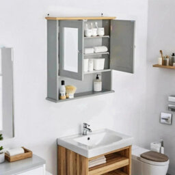 Taylor & Brown Double Mirror Bathroom Cabinet With Open Shelf, Grey Wall Mounted Bathroom Medicine Storage Cabinet With Shelves - thumbnail 3