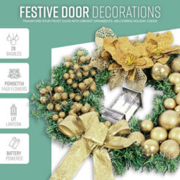 Globrite Christmas Wreath - 40 Cm, Yellow - With Bows Baubles & Lantern - Front Door Outdoor Christmas Decoration For Home Décor - thumbnail 3