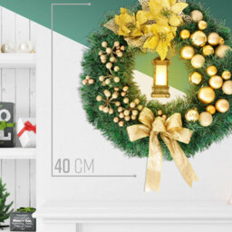Globrite Christmas Wreath - 40 Cm, Yellow - With Bows Baubles & Lantern - Front Door Outdoor Christmas Decoration For Home Décor - thumbnail 5