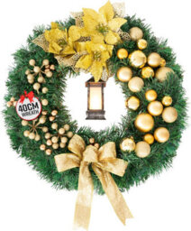 Globrite Christmas Wreath - 40 Cm, Yellow - With Bows Baubles & Lantern - Front Door Outdoor Christmas Decoration For Home Décor - thumbnail 1