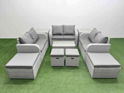 Fimous 10 Pcs Rectangular Coffee Table Set Reclining Chair Inclining Sofa Love Sofa 2 Big Footstool 2 Small Stool 2 Side Table
