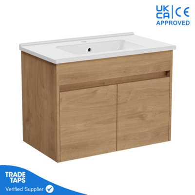 Vitra 800mm Wall Hung Bathroom Vanity Unit With 2 Doors & Basin - Golden Oak