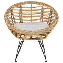 Wyld And Coco Natural Rattan Tub Chair With Light Beige Cotton Cushion And Black Iron Legs - W85 X D85 X H85Cm - thumbnail 1