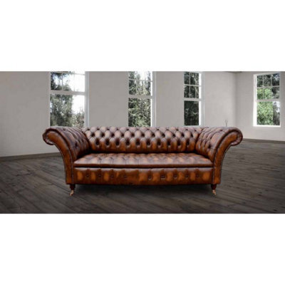 Chesterfield 3 Seater Antique Tan Leather Button Seat Sofa Settee In Balmoral Style - image 1