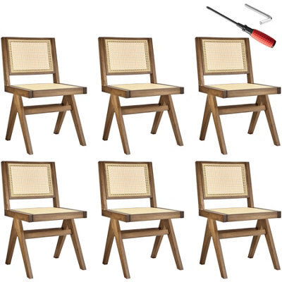 Tectake Set Of 6 Accent Chair Lizzy With Mid-Century Modern Design, Rattan Backrest And Solid Wood Frame  - Light Oak - image 1