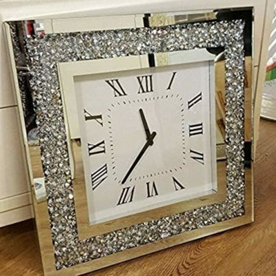 Biznest Crushed Diamante Modern Crystal Mirror Glass Square Wall Clock 45Cm Silver