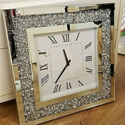 Biznest Crushed Diamante Modern Crystal Mirror Glass Square Wall Clock 45Cm Silver