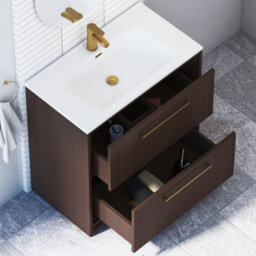Royal Bathrooms Livora 800mm Walnut Woodgrain Floor Standing Vanity Unit 2 Drawer With Ceramic Basin & Brushed Brass Handle - thumbnail 4