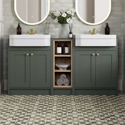 Affine 1540mm Traditional Double Vanity Basin Unit & Shelving Bathroom Furniture Green - image 1