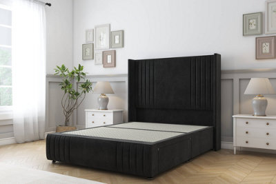 "Sloomy Camden Black Plush Divan Bed Base No Drawers-54"" Wingback Headboard12""-Footboard 4'6 Double" - image 1