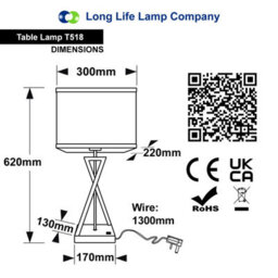 Long Life Lamps Company Modern Table Lamp Black Metal Tripod Base Linen Fabric Shade T518 - thumbnail 2