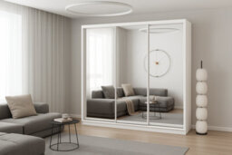 Fhif Dubai 250Cm White Sliding Door Wardrobe Modern Bedroom Storage With Full Length Mirror Shelves And Hanging Rails