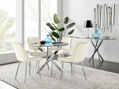 Furniturebox Uk Novara Chrome Metal Round Glass Dining Table And 4 Cream Pesaro Silver Leg Chairs - image 1