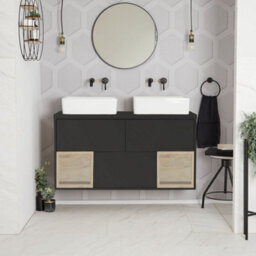 Homestylestore Black Grey 1200mm Wall Hung Bathroom Vanity Unit With 2 Countertop Rectangular Basins And Led Light - thumbnail 1