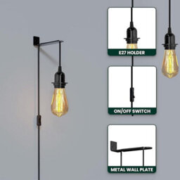 2m PVC Cable kit Plug In Pendant Light with ON/OFF Switch E27 E14 Lamp Set Metal Bracket Wall mounted Hanging Lamp Lighting - thumbnail 4