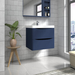Sundaze 600mm Matt Blue 2 Drawer Wall Hung Vanity Bathroom Cabinet & Basin Set - thumbnail 1