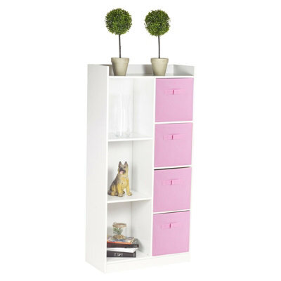 Urbn-Living Urbnliving Height 128Cm Tall Wooden White 7 Cube Bookcase With Light Pink Drawers Shelving Display Storage Unit Cabinet Shelves - image 1