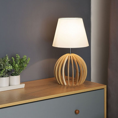 Beliani Modern Table Lamp - Round Light-Brown Plywood Base With White Polycotton Shade, 22 X 22 X 41 Cm - image 1