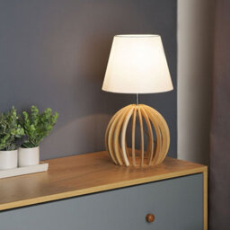 Beliani Modern Table Lamp - Round Light-Brown Plywood Base With White Polycotton Shade, 22 X 22 X 41 Cm - thumbnail 1