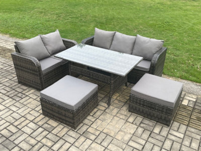 Fimous Outdoor Garden Patio Furniture Wicker Rattan Oblong Dining Table And Lounge Sofa Set With 2 Big Footstool Dark Grey - image 1