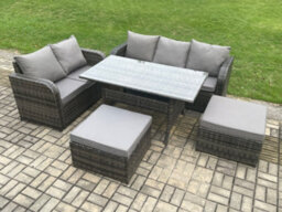Fimous Outdoor Garden Patio Furniture Wicker Rattan Oblong Dining Table And Lounge Sofa Set With 2 Big Footstool Dark Grey - thumbnail 2