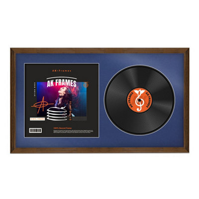 "30X17"" Walnut Classic Vinyl Record Frame With Blue Mount For 12 Inch Lp Album Cover & Disc - Ak Frames" - image 1