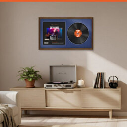 "30X17"" Walnut Classic Vinyl Record Frame With Blue Mount For 12 Inch Lp Album Cover & Disc - Ak Frames" - thumbnail 8