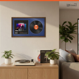 "30X17"" Walnut Classic Vinyl Record Frame With Blue Mount For 12 Inch Lp Album Cover & Disc - Ak Frames" - thumbnail 5
