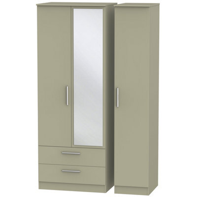 Trent Tall Triple 2 Drawer Mirrored Wardrobe In Mushroom Gloss & Mushroom Matt (Ready Assembled) - image 1
