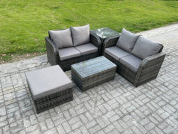 Fimous Outdoor Lounge Sofa Set Rattan Garden Furniture Set With Rectangular Coffee Table Big Footstool Side Table Dark Grey Mixed - thumbnail 1