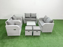Fimous 8 Seater Outdoor Reclining Chair Love Sofa Set Rattan Garden Furniture Set Square Coffee Table 2 Stools Side Table - thumbnail 1