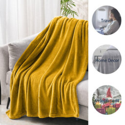 Ameha Fleece Plain Blanket, Lightweight & Reversible Throw For Travel, Bed & Sofa Blanket, Ochre Double 150X200Cm - thumbnail 7