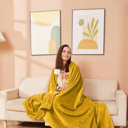 Ameha Fleece Plain Blanket, Lightweight & Reversible Throw For Travel, Bed & Sofa Blanket, Ochre Double 150X200Cm - thumbnail 6