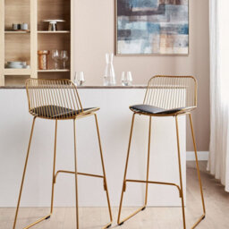 Wyld And Coco Set Of 2 Gold Wire Bar Chairs With Black Faux Leather Seats For Counter-Height - thumbnail 2