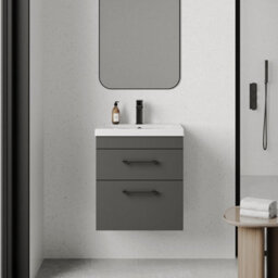 Rio 2 Drawer Wall Hung Vanity Basin Unit - 500mm - Gloss Grey With Square Black D-Shaped Handles (Tap Not Included) - Balterley - thumbnail 2