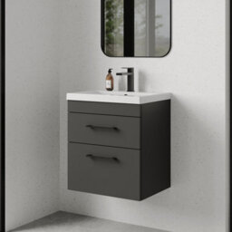 Rio 2 Drawer Wall Hung Vanity Basin Unit - 500mm - Gloss Grey With Square Black D-Shaped Handles (Tap Not Included) - Balterley - thumbnail 4
