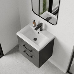 Rio 2 Drawer Wall Hung Vanity Basin Unit - 500mm - Gloss Grey With Square Black D-Shaped Handles (Tap Not Included) - Balterley - thumbnail 5