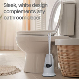 White & Grey Silicone Toilet Brush & Holder - Long Handled Flexible Bristle Loo Cleaner Tool With Rounded & Angled Head - thumbnail 8