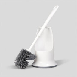 White & Grey Silicone Toilet Brush & Holder - Long Handled Flexible Bristle Loo Cleaner Tool With Rounded & Angled Head - thumbnail 2